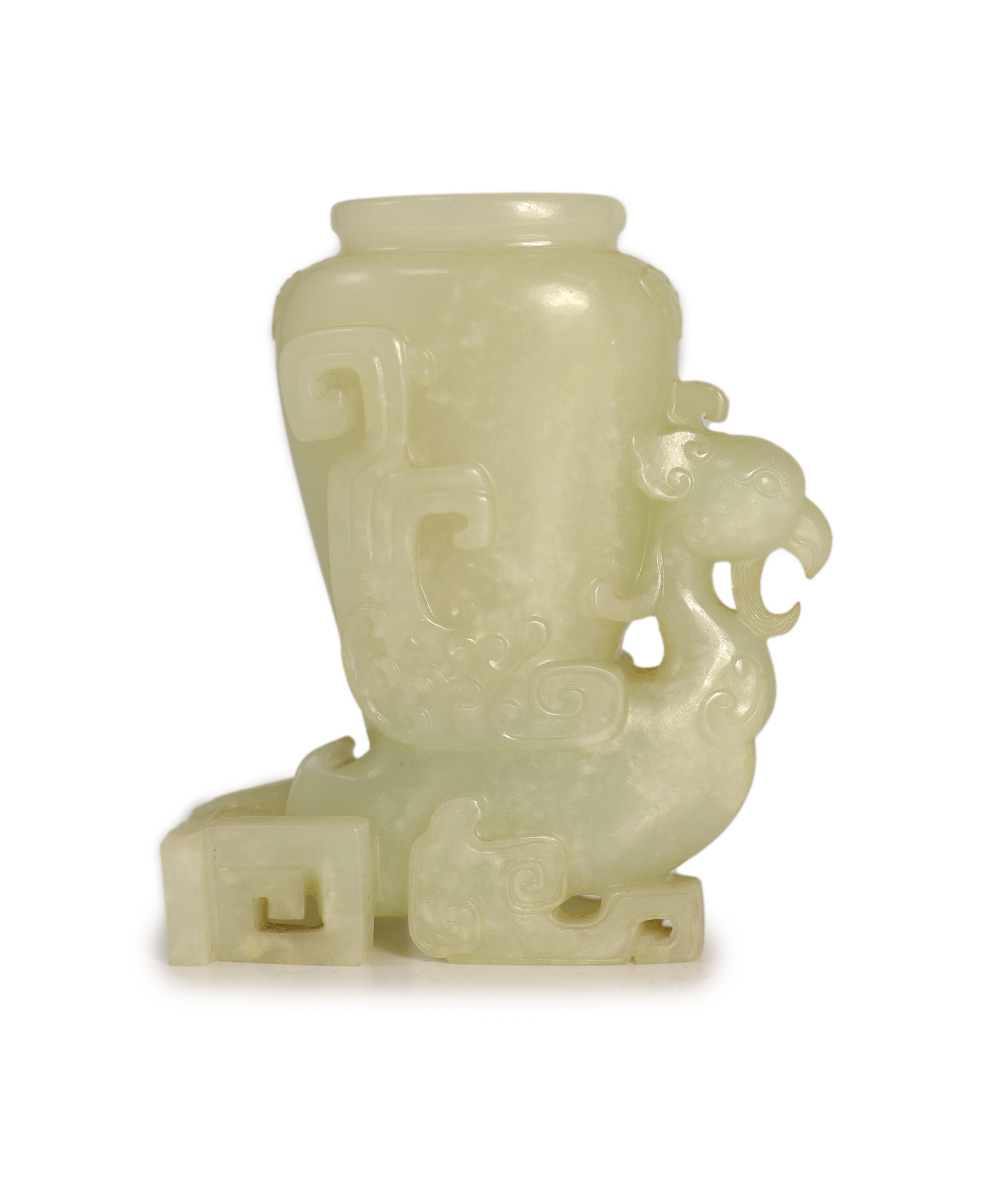 A Chinese archaistic pale celadon jade 'phoenix' vase, 18th/19th century, 8.3cm high